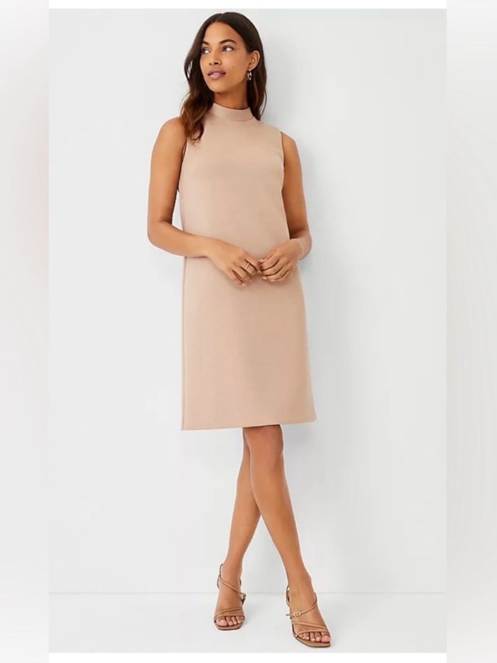 Ann Taylor Mock Neck Shift Dress Women's 12 Double Knit Minimalist Camel NWT